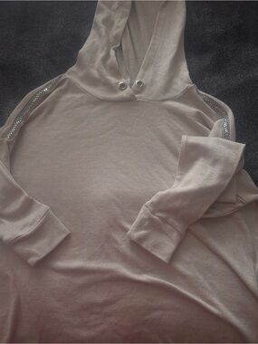 Light Taupe Hooded Pullover with Rhinestone Trim